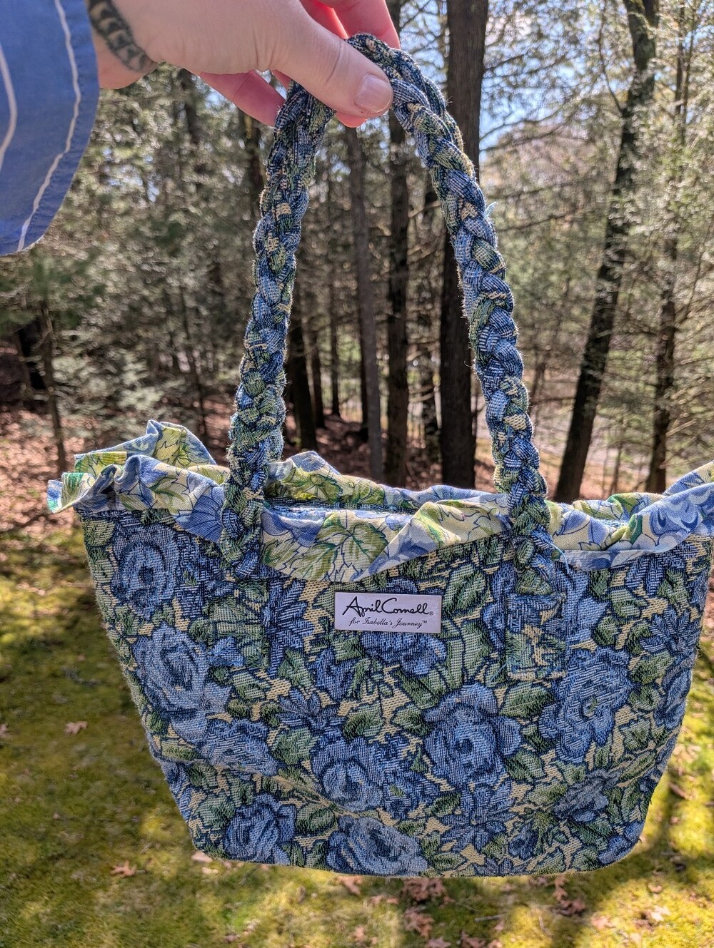April Cornell Isabella's Journey Blue and Green Floral Braided-Handle Tote